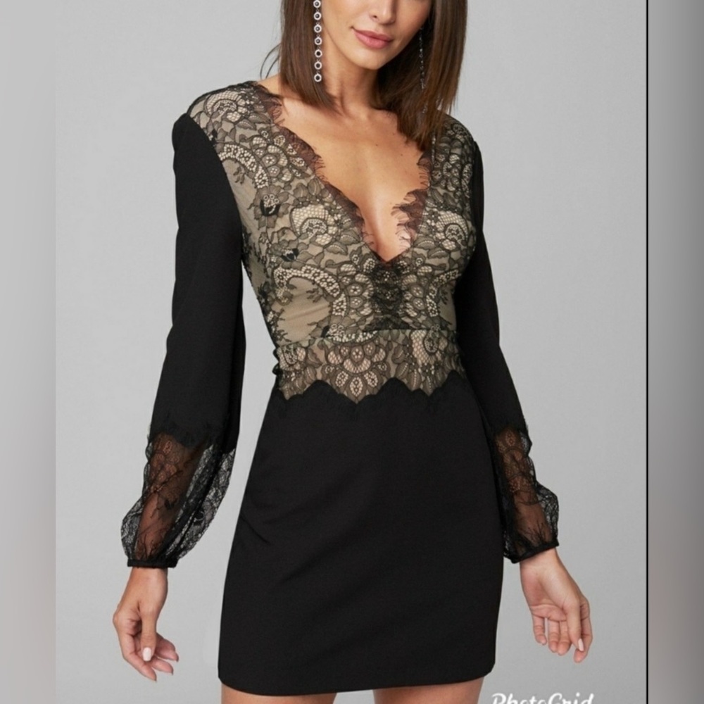 Bebe Black and Cream Crepe Contrast Lace Detail Top Deep V Dress